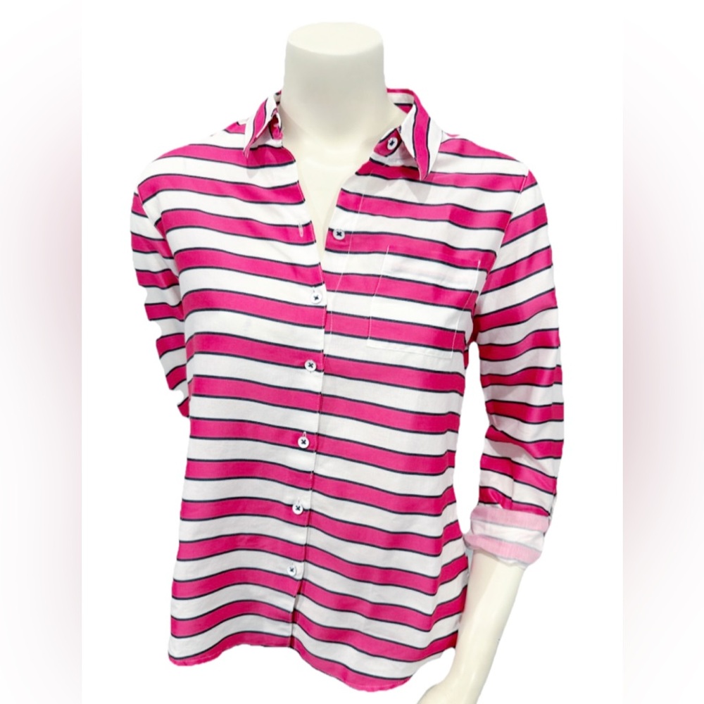 Foxcroft Women’s 8P Pink White Stripe Button Down Long Sleeve Shirt Cotton